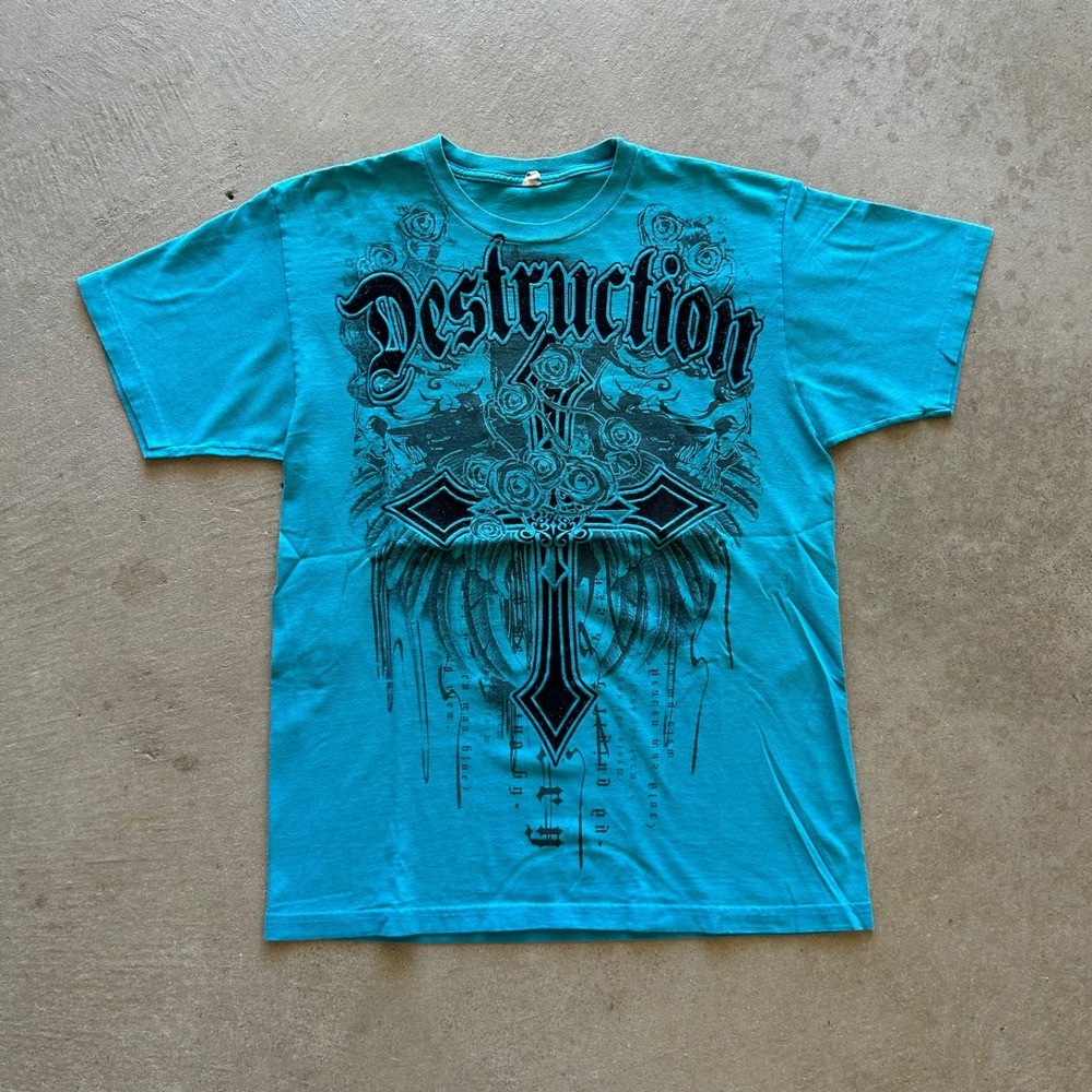 Vintage Y2K Destruction Shirt Size Large Blue Cross Cyber Grunge Punk